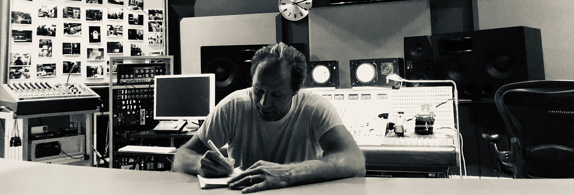 Charlie James writing a song in the recording studio closeup